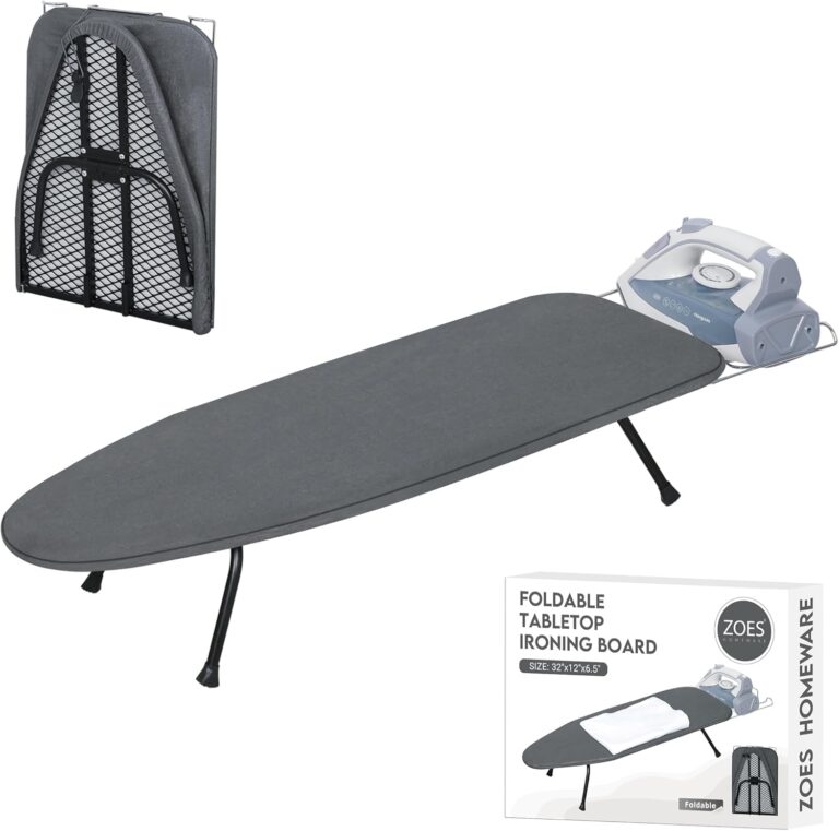 ZOES HOMEWARE Metal Mesh Panel Tabletop Ironing Board | Foldable Iron Board | Heavy Duty Small Iron Board with Heat Resistant Cover and 100% Cotton 8mm Thicken Pad | 31.5"x11.8"x6.2"