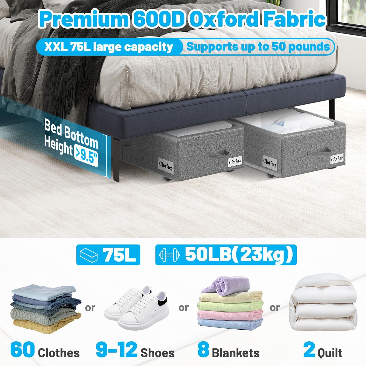 Under Bed Storage with Wheels, 2-Pack 10" Height XXL 75L Rolling Storage Bins, Quick Assembly Underbed Shoe Storage Containers with Clear Lid & Label, Dorm Under Bed Drawers for Clothes, Shoes, Black - Image 2