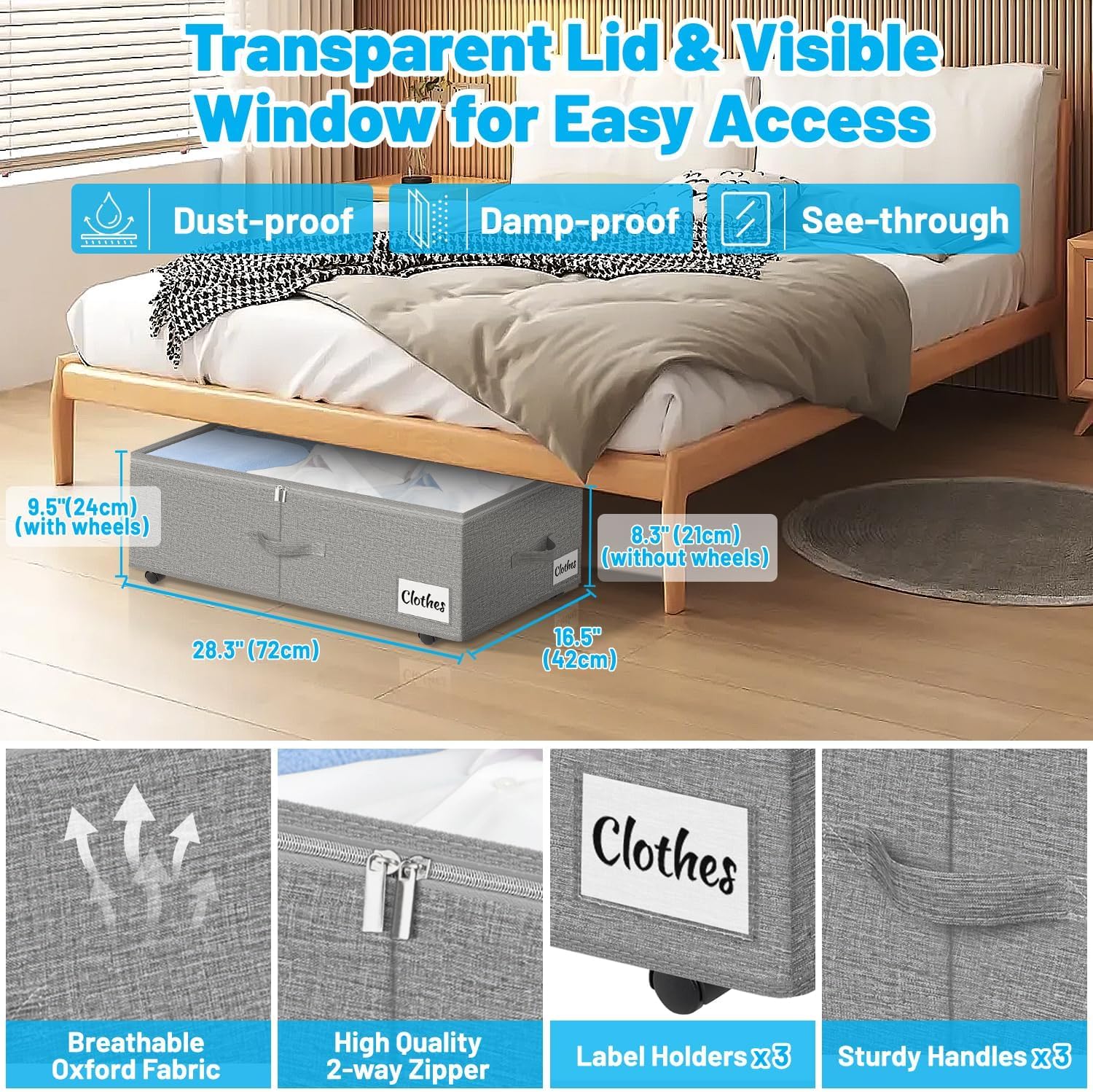 Under Bed Storage with Wheels, 2-Pack 10" Height XXL 75L Rolling Storage Bins, Quick Assembly Underbed Shoe Storage Containers with Clear Lid & Label, Dorm Under Bed Drawers for Clothes, Shoes, Black - Image 3