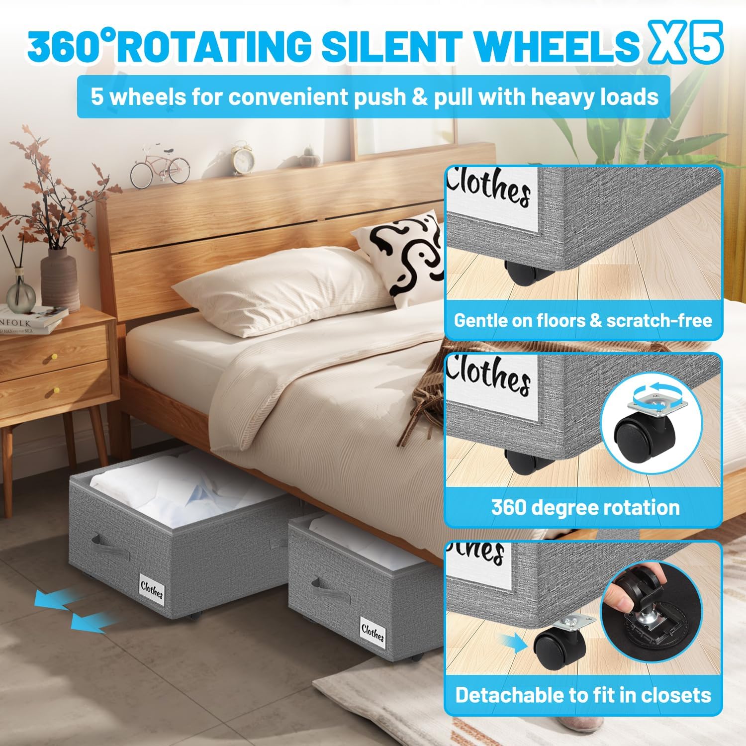Under Bed Storage with Wheels, 2-Pack 10" Height XXL 75L Rolling Storage Bins, Quick Assembly Underbed Shoe Storage Containers with Clear Lid & Label, Dorm Under Bed Drawers for Clothes, Shoes, Black - Image 4
