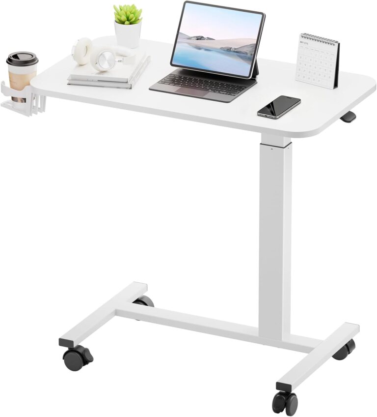 GTPLAYER Small Standing Desk with Wheels, Pneumatic Mobile Rolling Laptop Desk, Adjustable Height Overbed Bedside Table Computer Workstation for Home Office (28" W x 16" D, White)