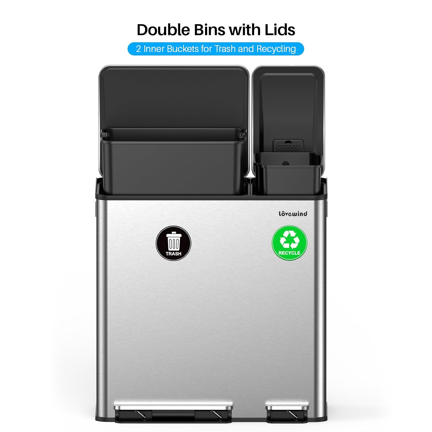 Dual Trash and Recycling Bins for Kitchen, 13.2 + 5.2 Gal (50+20L) Stainless Steel Trash and Recycle Bin Combo with Soft-Close Lid, Large Garbage Cans for Kitchen Home with 2 Magnets Sticker, Silver - Image 7