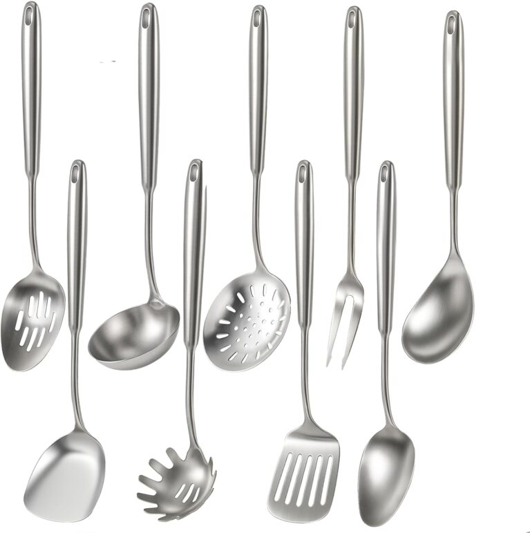 Newness 9 Pcs Cooking Utensils Set, 304 Stainless Steel Kitchen Utensils Set, Metal Kitchen Accessories, Include Soup Ladle, Slotted Skimmer Spoon, Spaghetti Spoon and Spatula, Dishwasher Safe
