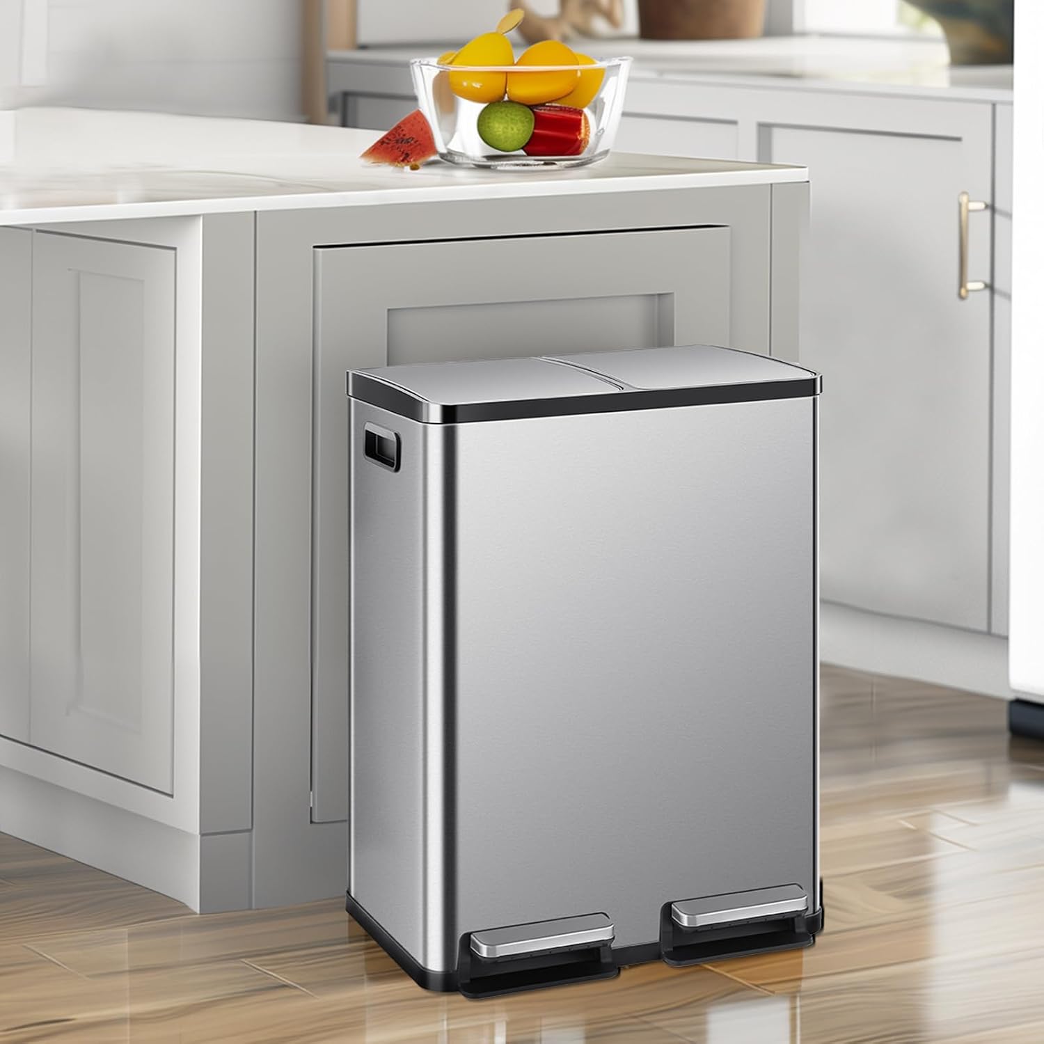 DUMOS Kitchen Trash Can, 2x8-Gallon Dual Trash Can with Lid, Stainless Steel Garbage Bin with 2 Removable Inner Buckets, Soft-Close Foot Pedal, Fingerprint-Resistant for Kitchen, Home, Office - Image 2