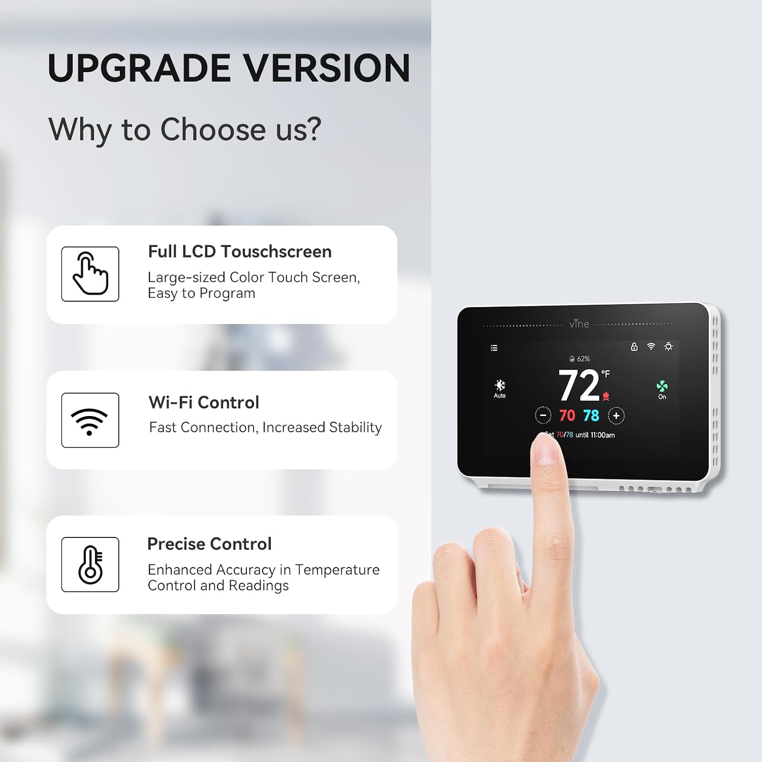 vine Programmable Thermostat for House with 4.3" Touch Screen, WiFi Smart Home Thermostat for AC and Heating, App/Voice Control, Compatible with Alexa and Google Assistant, C-Wire Required, TJ-919T - Image 3