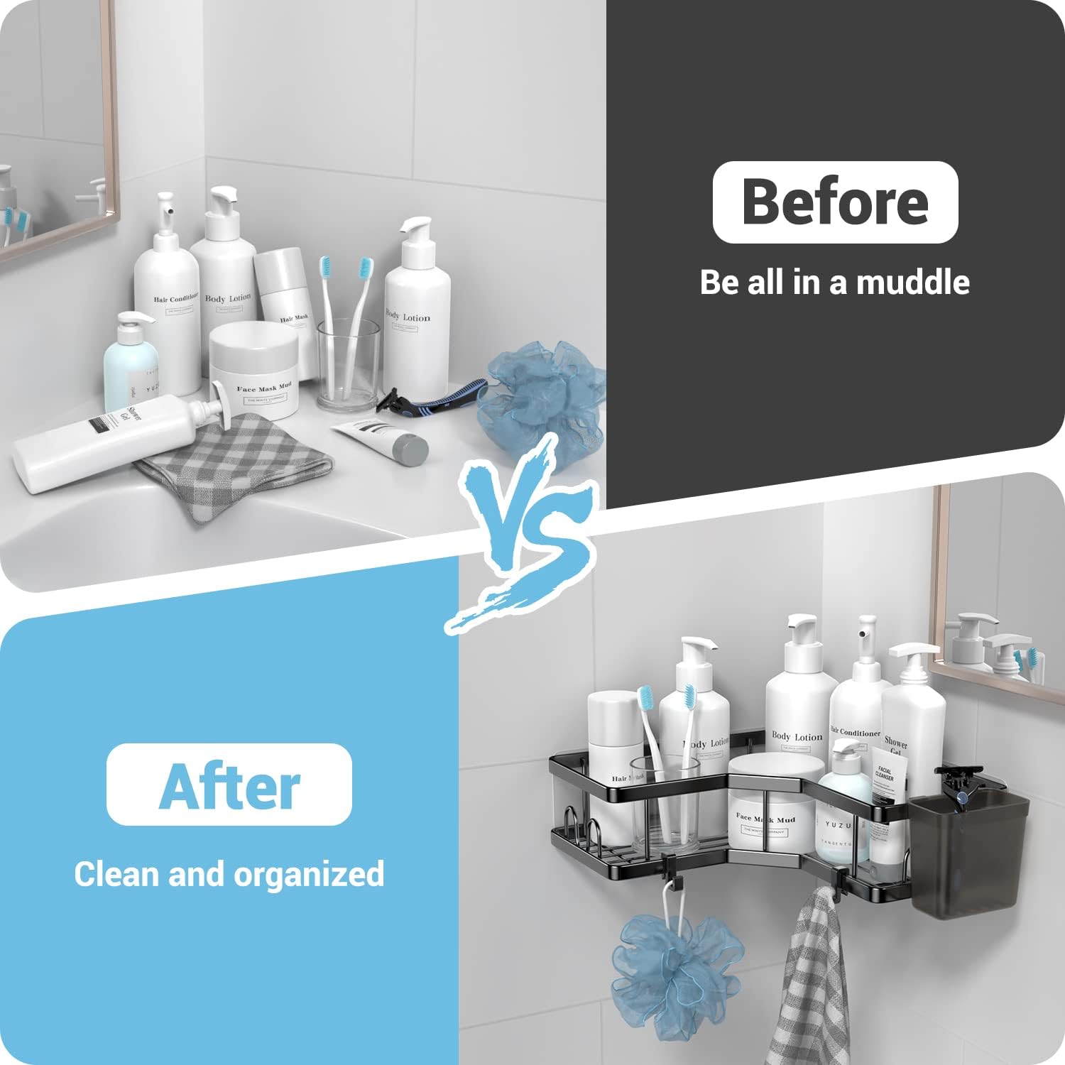 AKTECKE Corner Shower Caddy, 2 Pack Adhesive Shower Corner Organizer Shelves, No Drilling Stainless Steel Shower Storage Rack with Hooks&Toothpaste Holder for Bathroom Kitchen (for 90° Corners Only) - Image 5