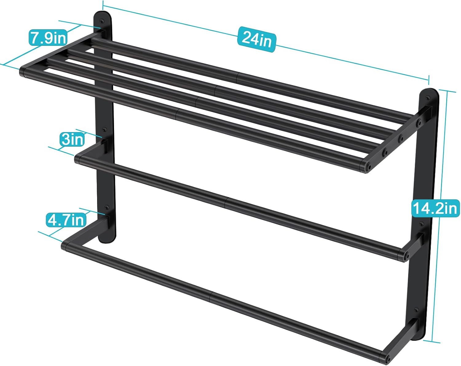 VOTZAAQ Towel Racks for Bathroom, 24 in Black Towel Shelf with Double Towel Bar, 3 Tier Stainless Steel Towel Storage, Bath Towel Holder Wall Mounted for Lavatory Organizer Decor RV Camping - Image 9