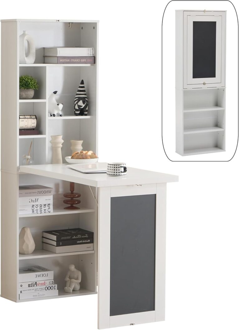 Folding Desk with Storage,Fold Out Convertible Wall Mounted Table,White