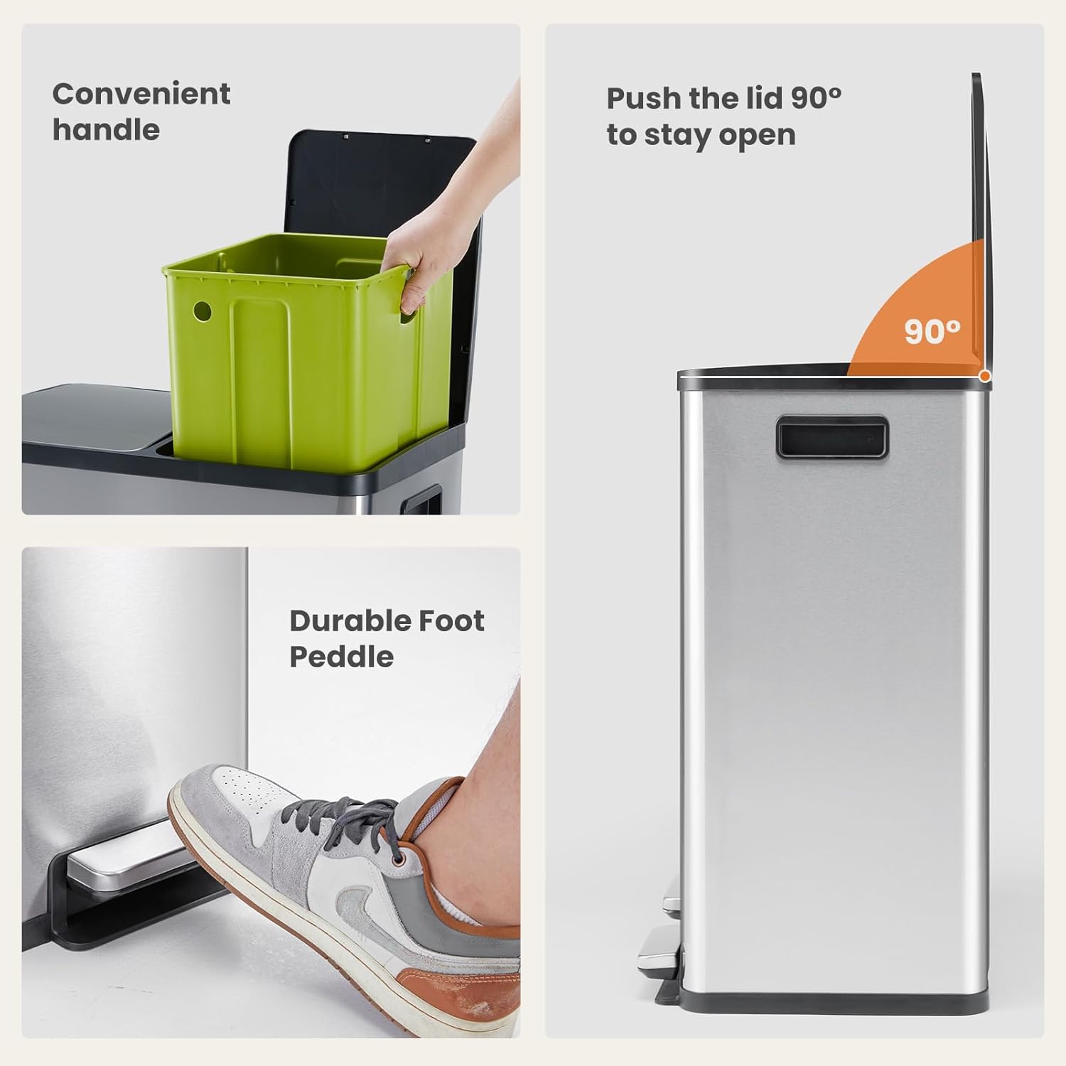 DUMOS Kitchen Trash Can, 2x8-Gallon Dual Trash Can with Lid, Stainless Steel Garbage Bin with 2 Removable Inner Buckets, Soft-Close Foot Pedal, Fingerprint-Resistant for Kitchen, Home, Office - Image 6