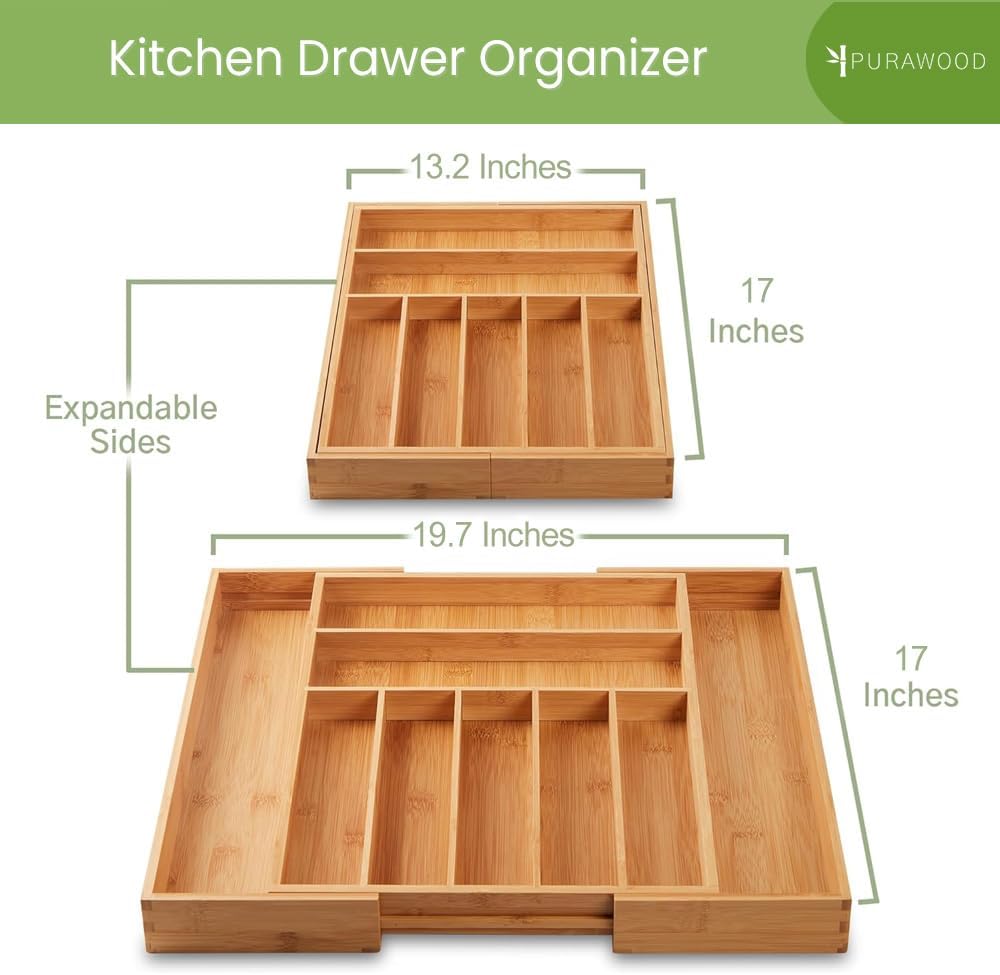 Purawood Bamboo Drawer Organizer - Expandable Silverware Organizer & Utensil Drawer Organizer, Cutlery Tray with Dividers, 7-9 Slots- Kitchen Organizer for Utensils & Flatware (Natural) - Image 3