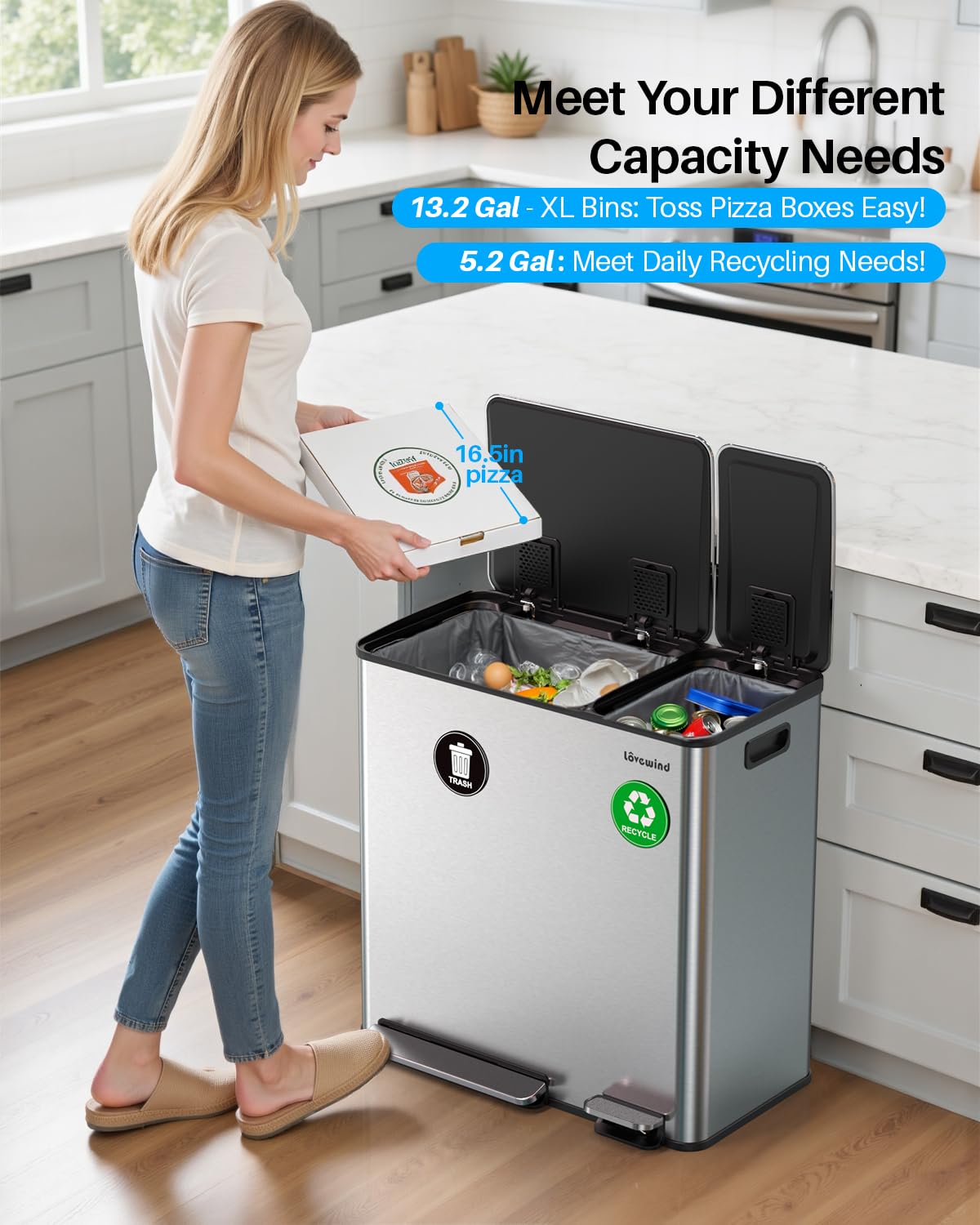 Dual Trash and Recycling Bins for Kitchen, 13.2 + 5.2 Gal (50+20L) Stainless Steel Trash and Recycle Bin Combo with Soft-Close Lid, Large Garbage Cans for Kitchen Home with 2 Magnets Sticker, Silver - Image 2