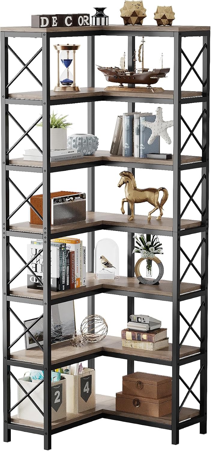 Tribesigns 7-Shelf Corner Bookshelf,Large Modern Corner Bookcase, 7-Tier Tall Corner Shelf Storage Display Rack with Metal Frame for Living Room Home Office (Grey) - Image 9