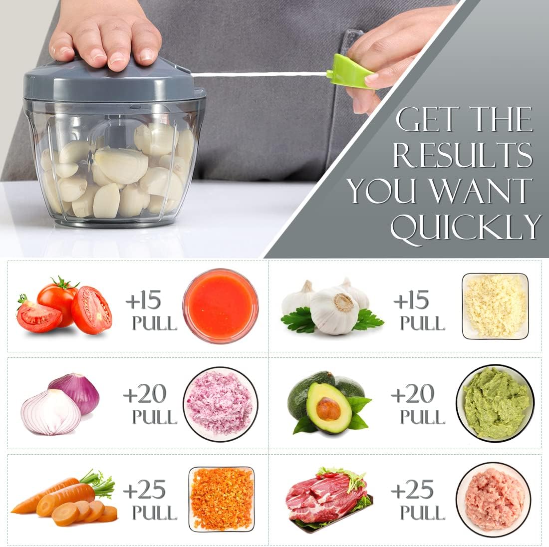 Ourokhome Manual Food Processor Vegetable Chopper, Portable Hand Pull String Garlic Mincer Onion Cutter for Veggies, Ginger, Fruits, Nuts, Herbs, etc., 650ml, Grey - Image 2