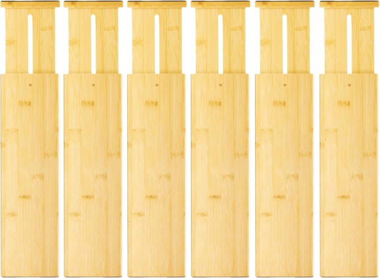 VaeFae 6 Pack Bamboo Drawer Dividers, 4" High Adjustable 16.6" - 21.8" Clothes Drawer Organizers, Expandable Separators for Bedroom/Bathroom/Kitchen/Office Storage