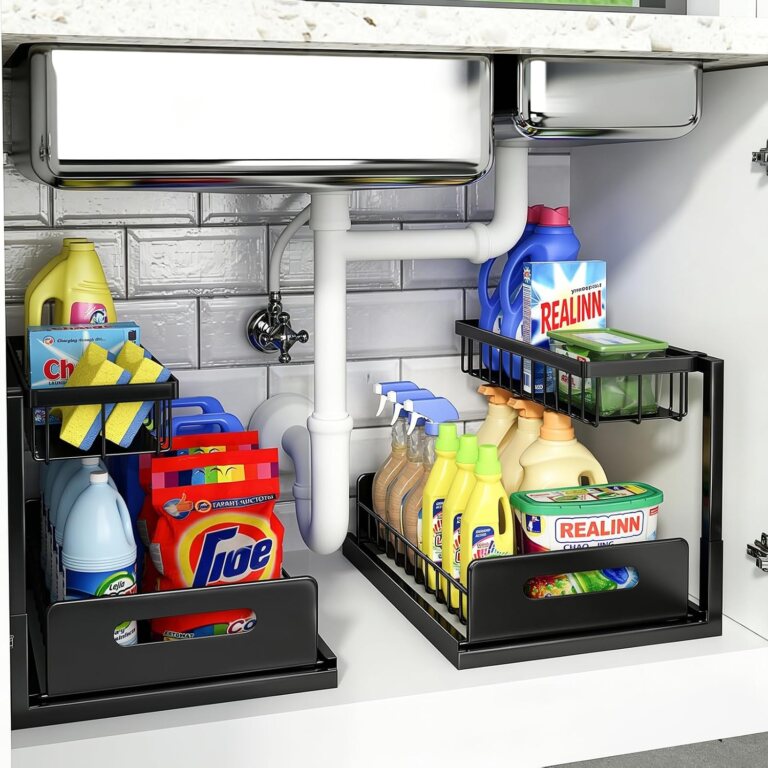 REALINN Under Sink Organizer, L-Shaped 2 Tier Pull Out Cabinet Organizer