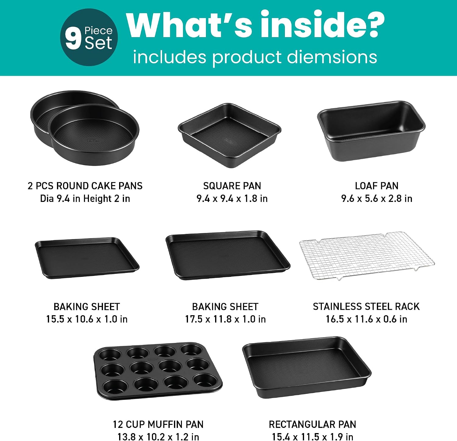 9-Piece Baking Pans Set Nonstick, Stackable Non Toxic Bakeware Sets with Diamond Texture, Oven Pan Set for Cooking, Includes Cookie Sheet with Rack, Cake Pan, Roasting Pan, Muffin Tin, Diamond Black - Image 2