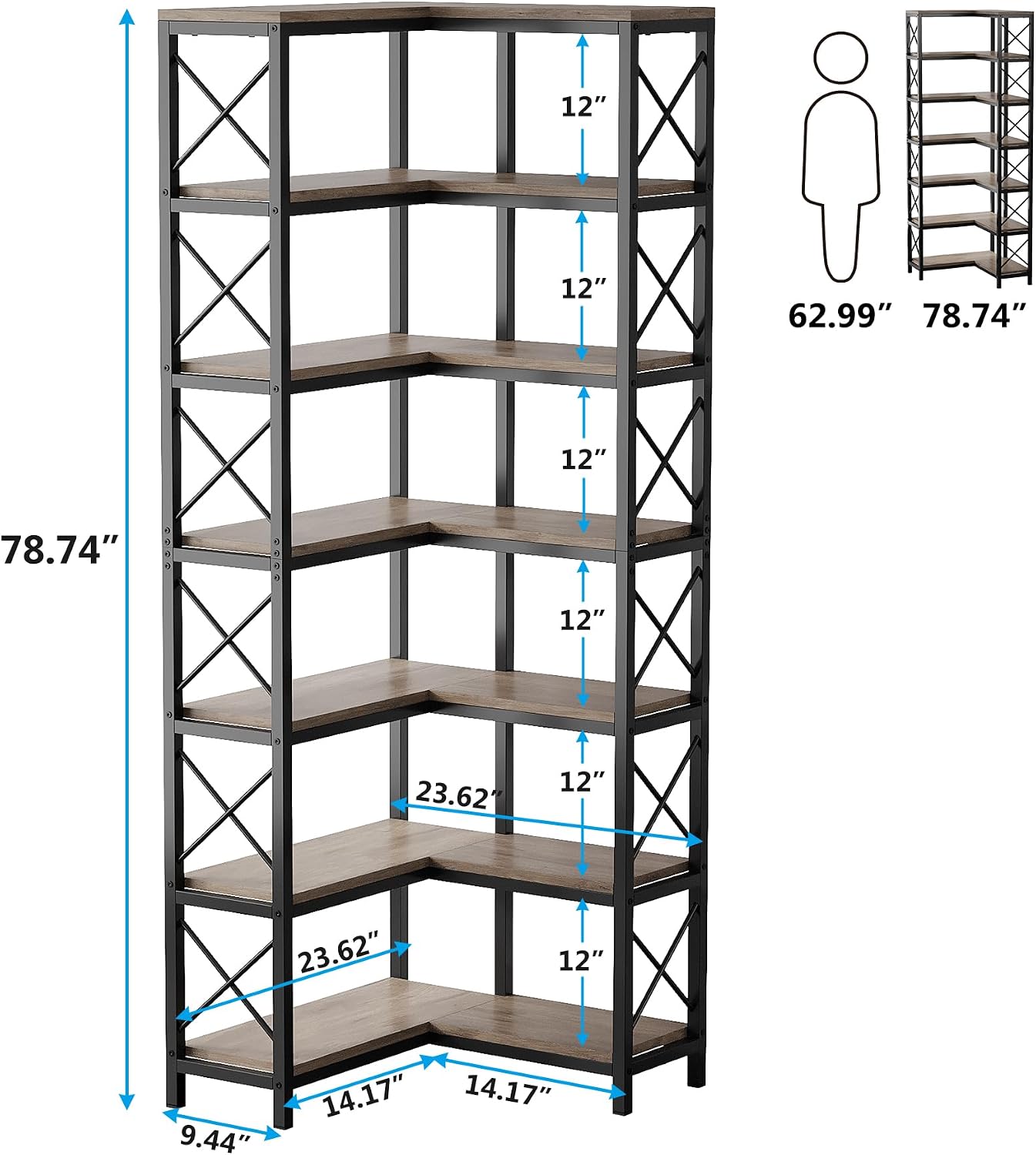 Tribesigns 7-Shelf Corner Bookshelf,Large Modern Corner Bookcase, 7-Tier Tall Corner Shelf Storage Display Rack with Metal Frame for Living Room Home Office (Grey) - Image 2