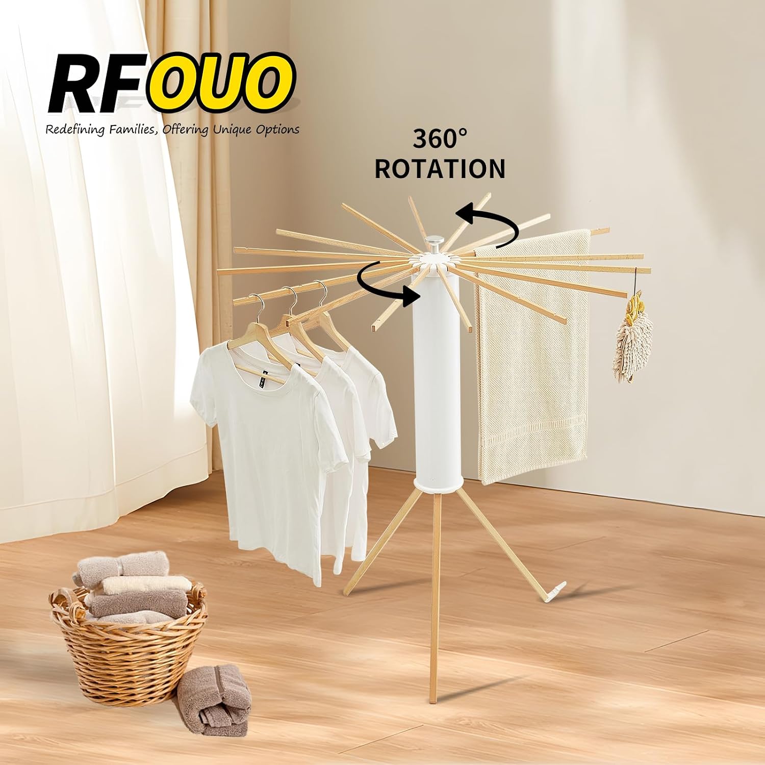 RFOUO Foldable Clothes Drying Rack Tripod with Wooden 16 Rods - Image 4