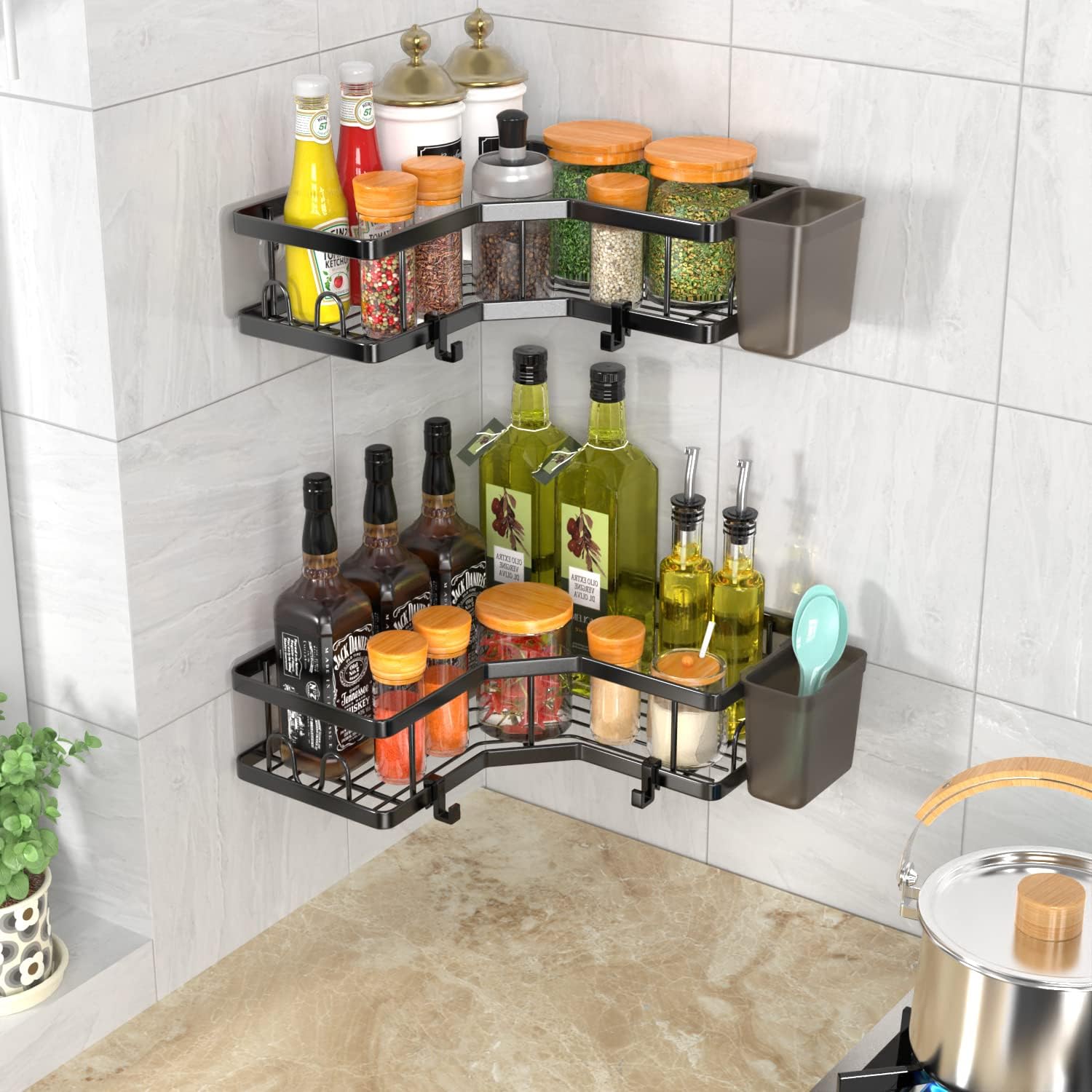 AKTECKE Corner Shower Caddy, 2 Pack Adhesive Shower Corner Organizer Shelves, No Drilling Stainless Steel Shower Storage Rack with Hooks&Toothpaste Holder for Bathroom Kitchen (for 90° Corners Only) - Image 7
