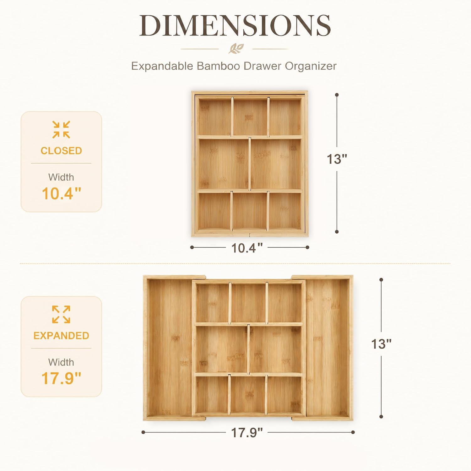 Bamboo Drawer Organizer Expandable Desk Storage Set, 10 Adjustable Compartment Junk Drawer Divider and Trays Containers for Kitchen Utensil, Office Supplies, Makeup, Jewelry & Cosmetics Organization - Image 2