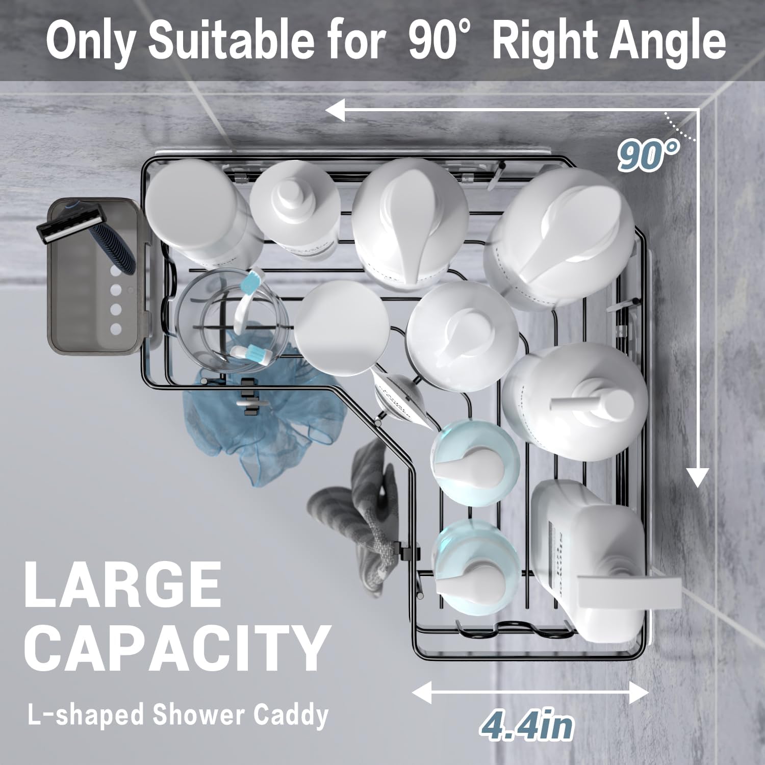 AKTECKE Corner Shower Caddy, 2 Pack Adhesive Shower Corner Organizer Shelves, No Drilling Stainless Steel Shower Storage Rack with Hooks&Toothpaste Holder for Bathroom Kitchen (for 90° Corners Only) - Image 3