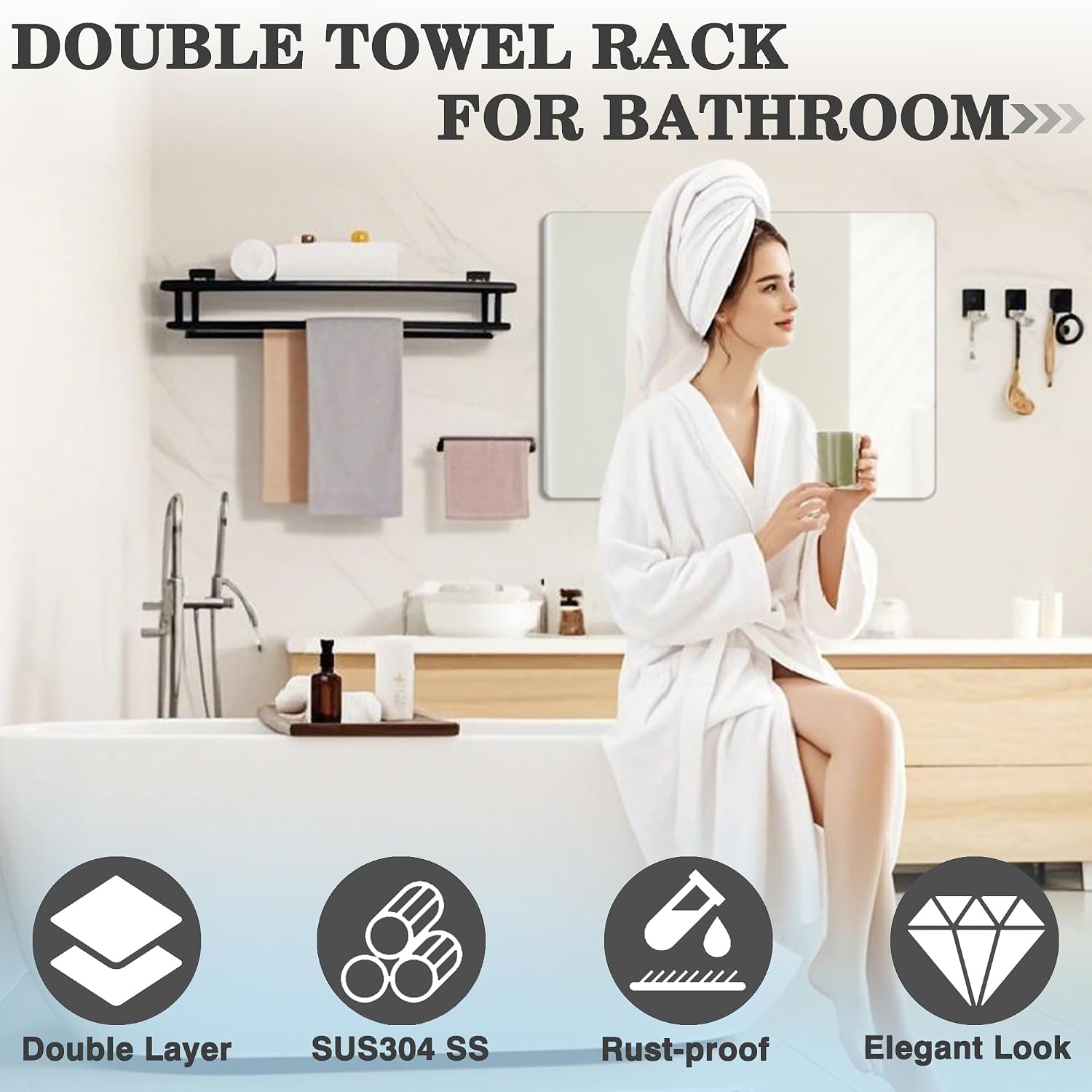 Alise Double Towel Rack for Bathroom Wall Mounted 24 Inch,Matte Black - Image 2