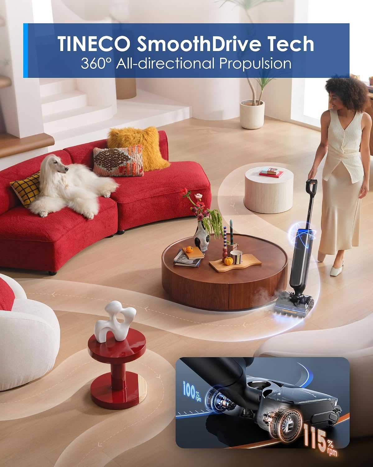 Tineco Floor One S9 Artist Steam Wet Dry Vacuum Cleaner, High-Temp Steam Cleaning, 22kPa Suction, 360° SmoothDrive, Anti-Tangle Design, 185°F Flashdry, Long Runtime, 180° Lay-Flat - Image 8