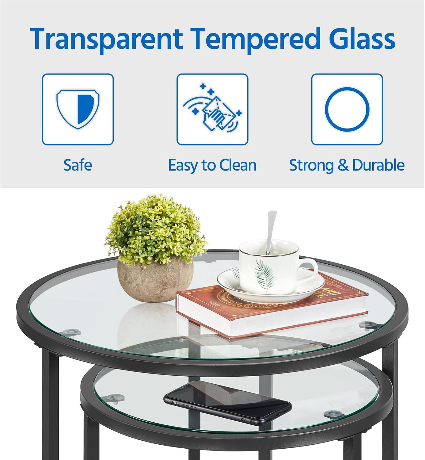Yaheetech Round Nesting Side Tables Set of 2 with Tempered Glass Top, Black - Image 6