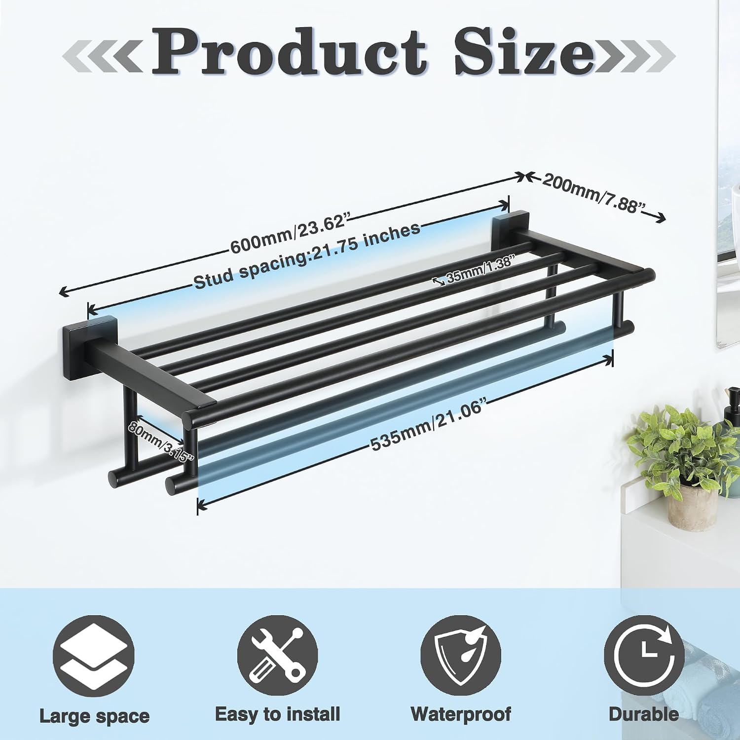 Alise Double Towel Rack for Bathroom Wall Mounted 24 Inch,Matte Black - Image 8