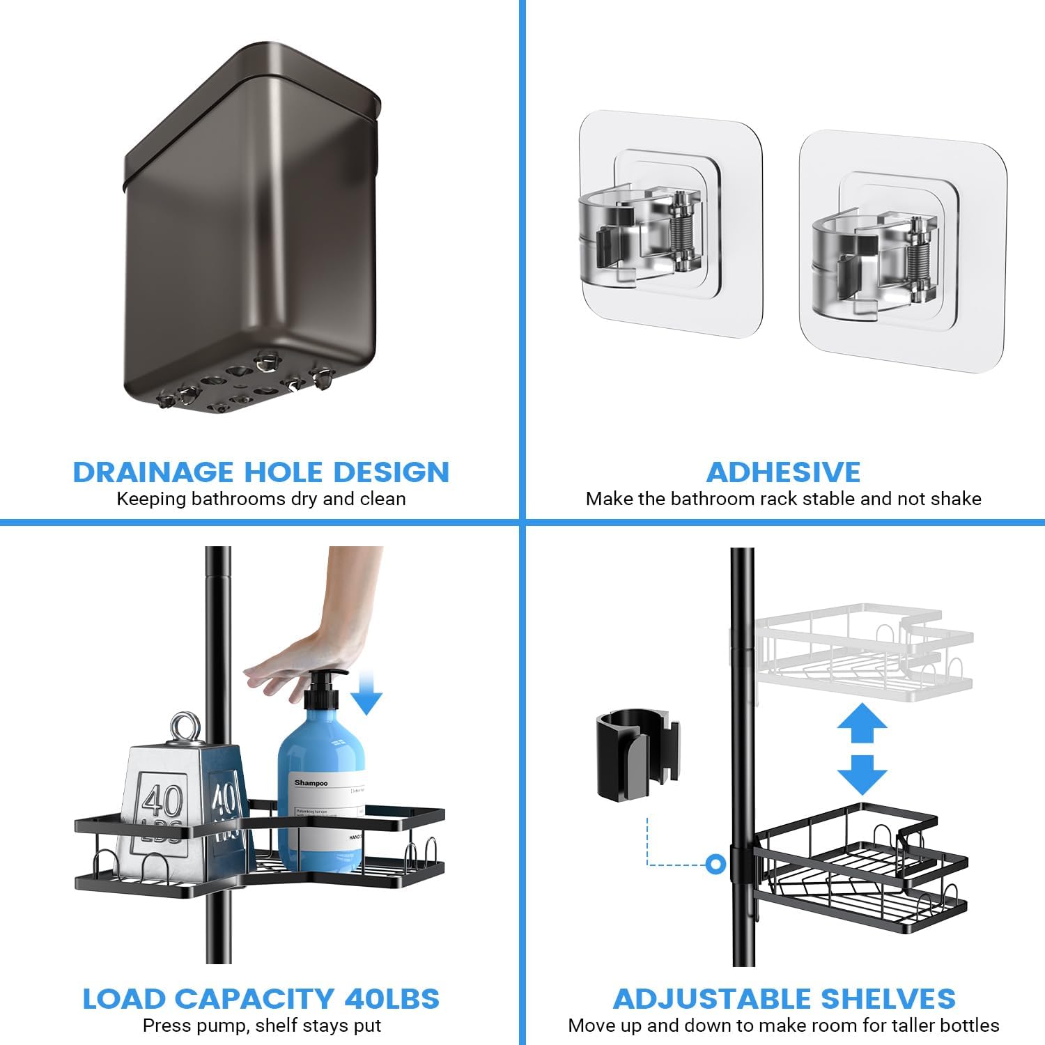 Adjustable Shower Caddy Tension Pole: Rustproof Corner Bathroom Shelves - Image 5