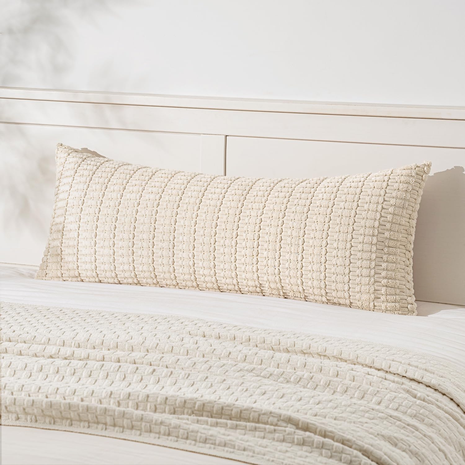 MIULEE Lumbar Corduroy Throw Pillow Cover for Bed 14x36 Cream White