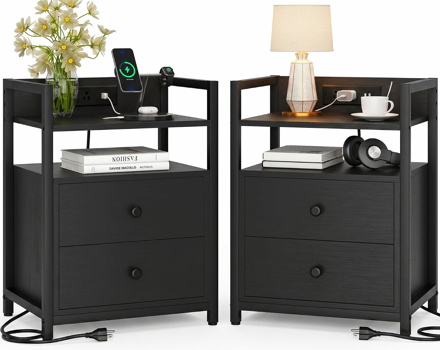 Nightstands Set of 2 with Charging Station, Night Stand with Wood Drawers Featuring Heavy-Duty Slide Rail, Wooden Bedside Table with Storage Shelves, Modern End Side Tables for Bed Room, Black