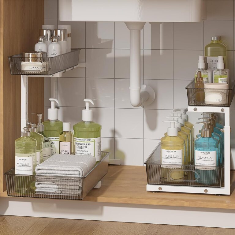 ADRIMER Under Sink Organizer 2 Packs, Pull Out Kitchen Sink Organizer, 2 Tier Slide Out Kitchen Organizers and Storage Bathroom Under Cabinet Storage Shelf, Grey & White