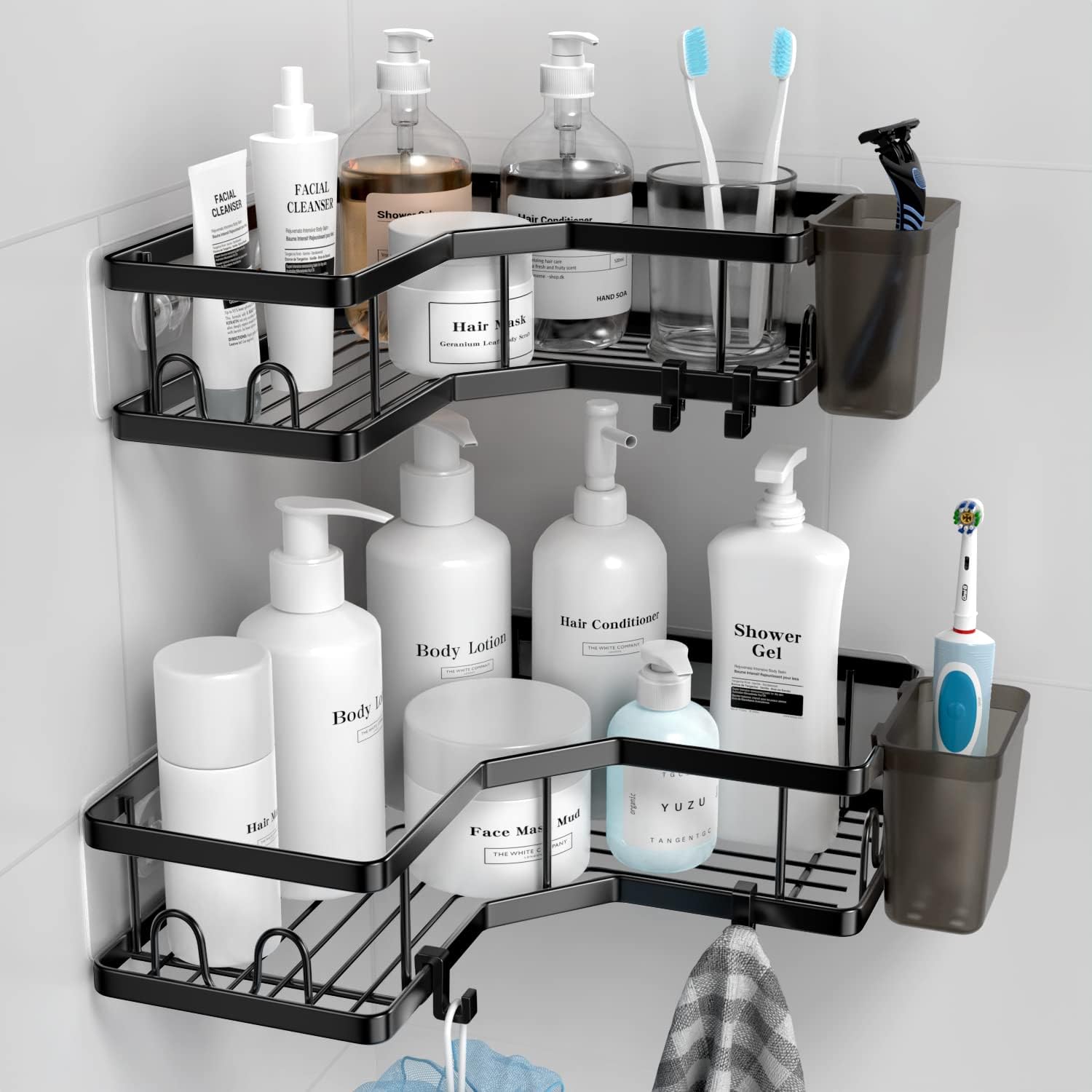 AKTECKE Corner Shower Caddy, 2 Pack Adhesive Shower Corner Organizer Shelves, No Drilling Stainless Steel Shower Storage Rack with Hooks&Toothpaste Holder for Bathroom Kitchen (for 90° Corners Only)