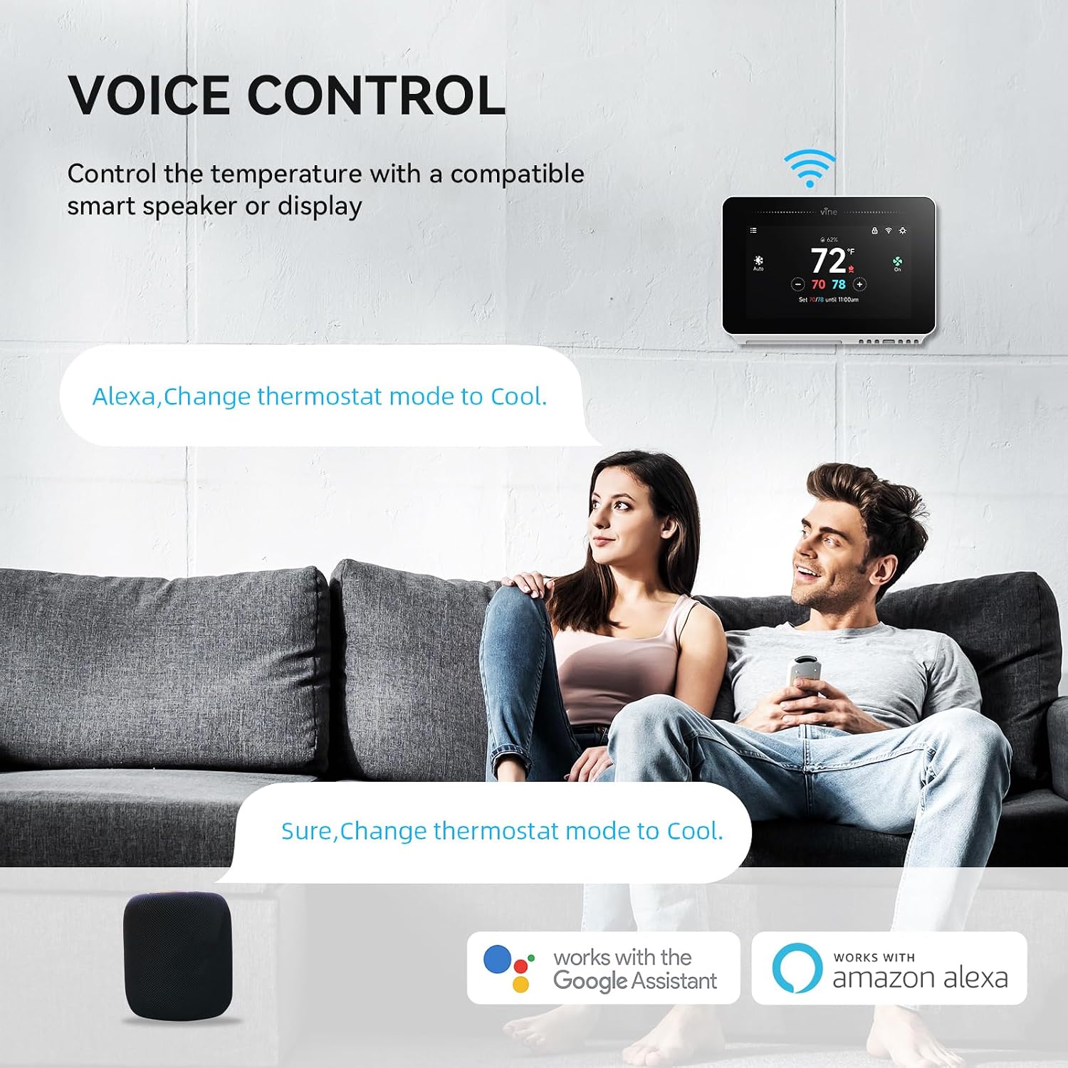 vine Programmable Thermostat for House with 4.3" Touch Screen, WiFi Smart Home Thermostat for AC and Heating, App/Voice Control, Compatible with Alexa and Google Assistant, C-Wire Required, TJ-919T - Image 5