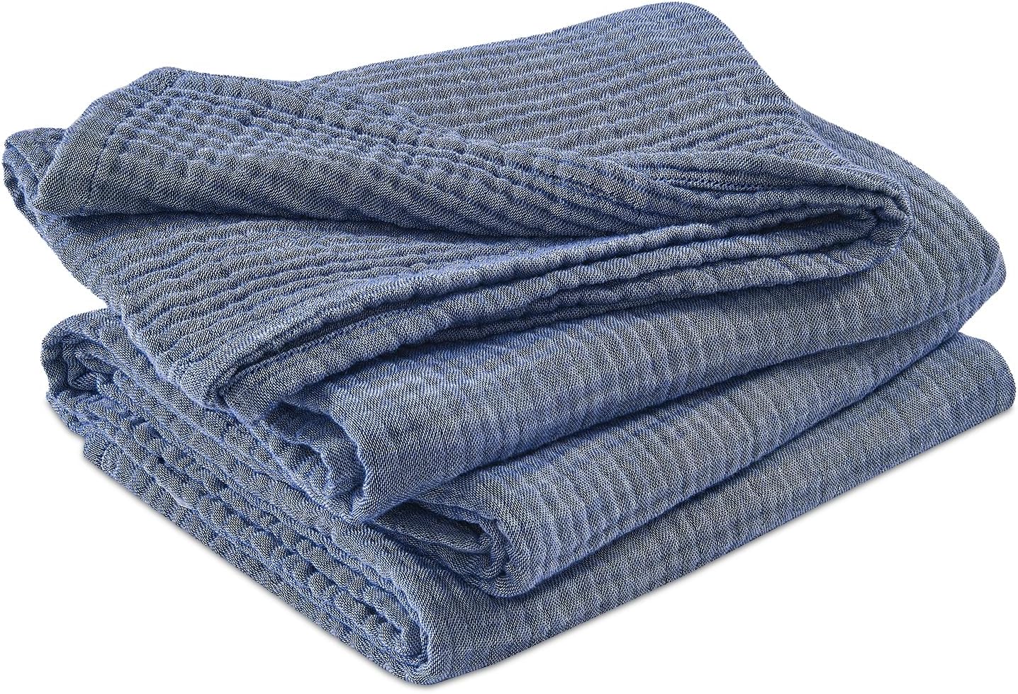 EMME Muslin Blankets for Adults, Two-Tone Weave Design, Cotton Large Throw Blanket Linen-Like, Couch Breathable Gauze Soft Lightweight Bed Blanket, Pre-Washed Softer Touch (Heather Navy, 50"x70") - Image 8