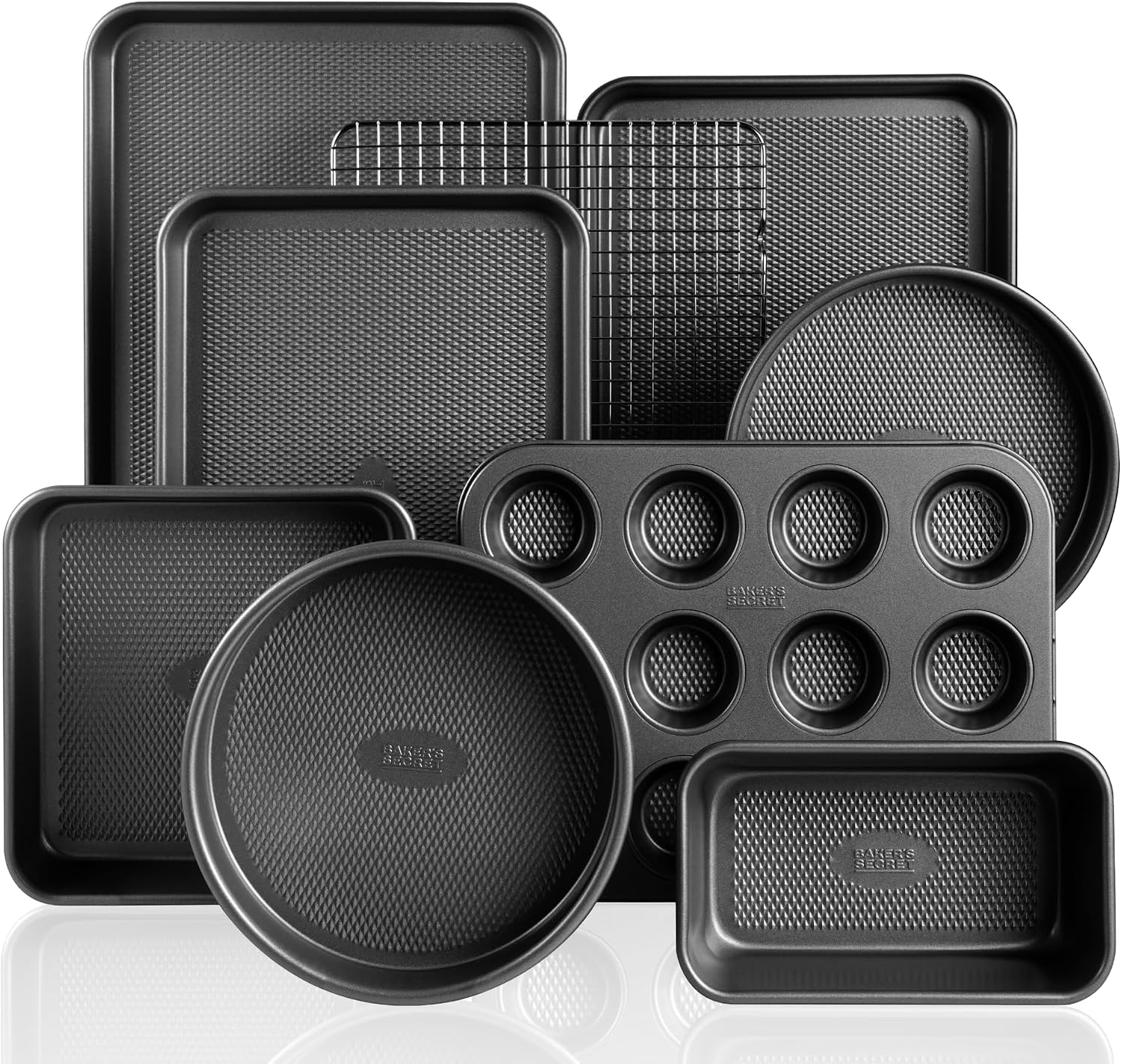 9-Piece Baking Pans Set Nonstick, Stackable Non Toxic Bakeware Sets with Diamond Texture, Oven Pan Set for Cooking, Includes Cookie Sheet with Rack, Cake Pan, Roasting Pan, Muffin Tin, Diamond Black