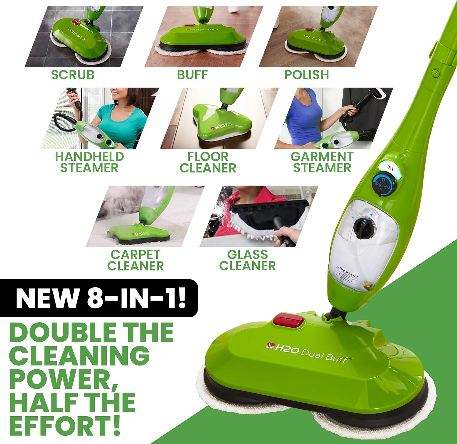 H2O X5 Dual Buff Steam Mop, 8 in 1 Handheld Steam Cleaner For Kitchen Tile Floors, Hardwood Floors, Grout Cleaner, Upholstery Cleaner and Carpets, 2 washable scrub pads, 11 cleaning accessories - Image 7