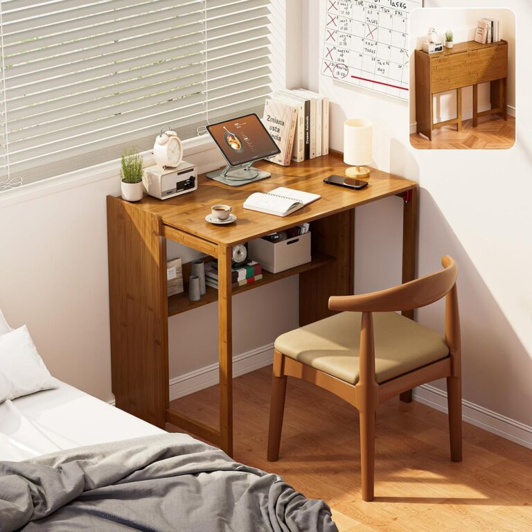 Folding Desk for Small Spaces, Bamboo Foldable Desk with Storage, Brown