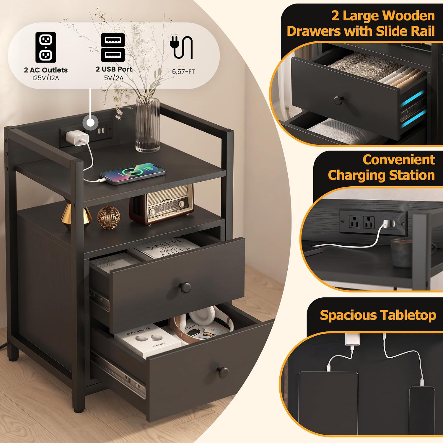 Nightstands Set of 2 with Charging Station, Night Stand with Wood Drawers Featuring Heavy-Duty Slide Rail, Wooden Bedside Table with Storage Shelves, Modern End Side Tables for Bed Room, Black - Image 5