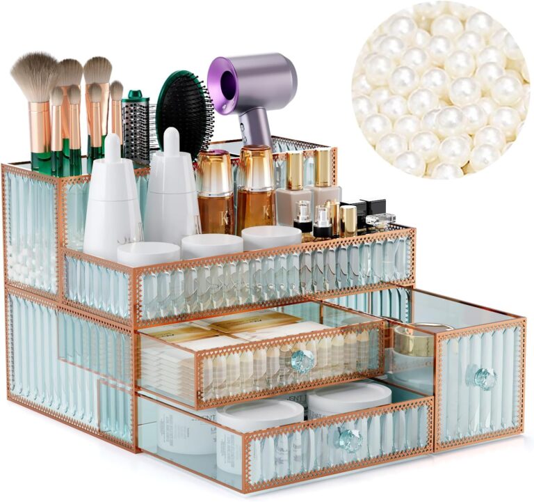 Youdepot Makeup Organizer Countertop - Tempered Glass Vanity Organizer for Cosmetics, Skincare, Hair Tools, Brushes, Perfume - Multipurpose Bathroom Counter Skincare Organizer