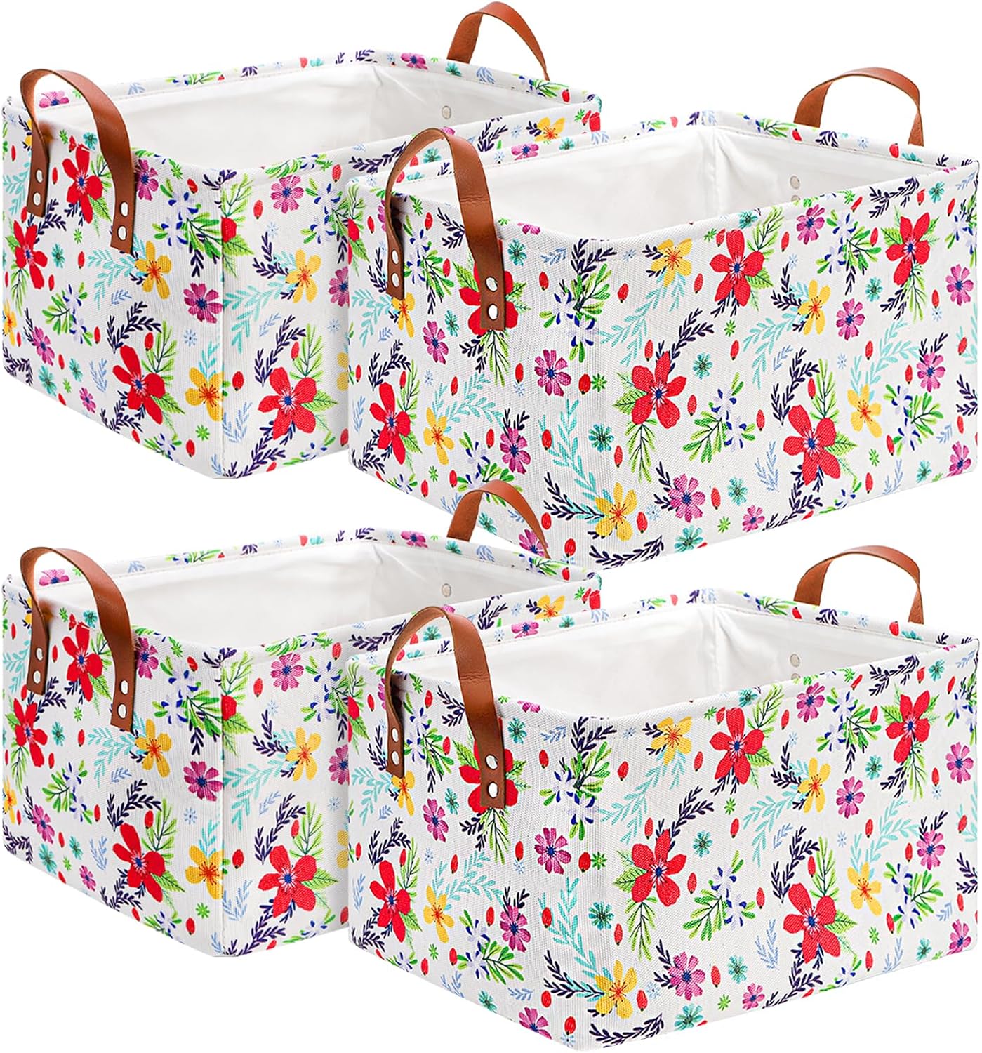 yarlung 4 Pack Floral Storage Bins with Handles, 15"x10.5"x8" Collapsible Large Storage Basket for Laundry, Decorative Fabric Lined Shelf Baskets for Organizing Clothes, Books