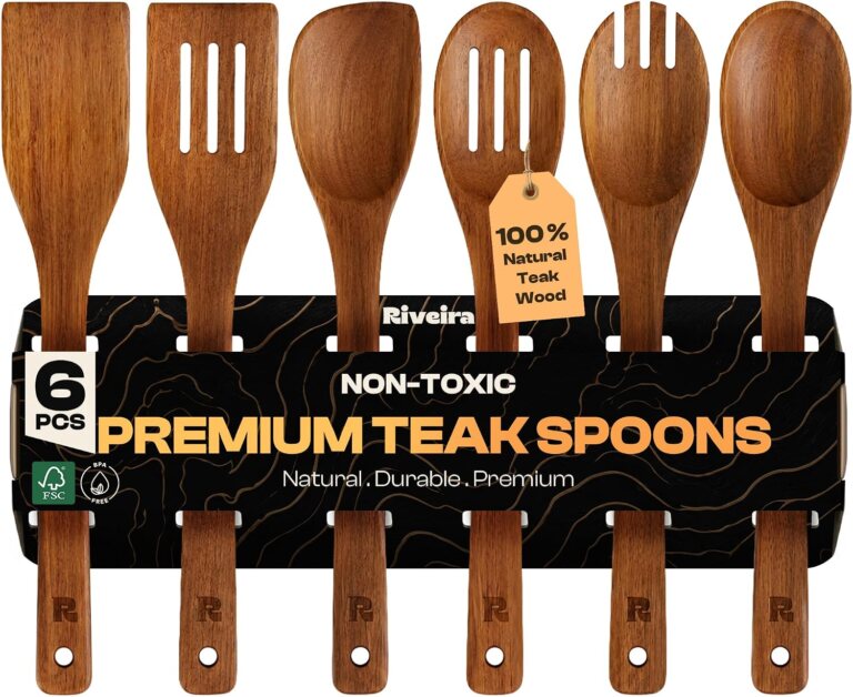 Riveira Teak Wooden Spoons for Cooking Set of 6 – Natural Teak Wooden Cooking Utensils, Wooden Spatula, Wooden Spoon - Premium Quality Utensil Set for Non-Toxic Cooking