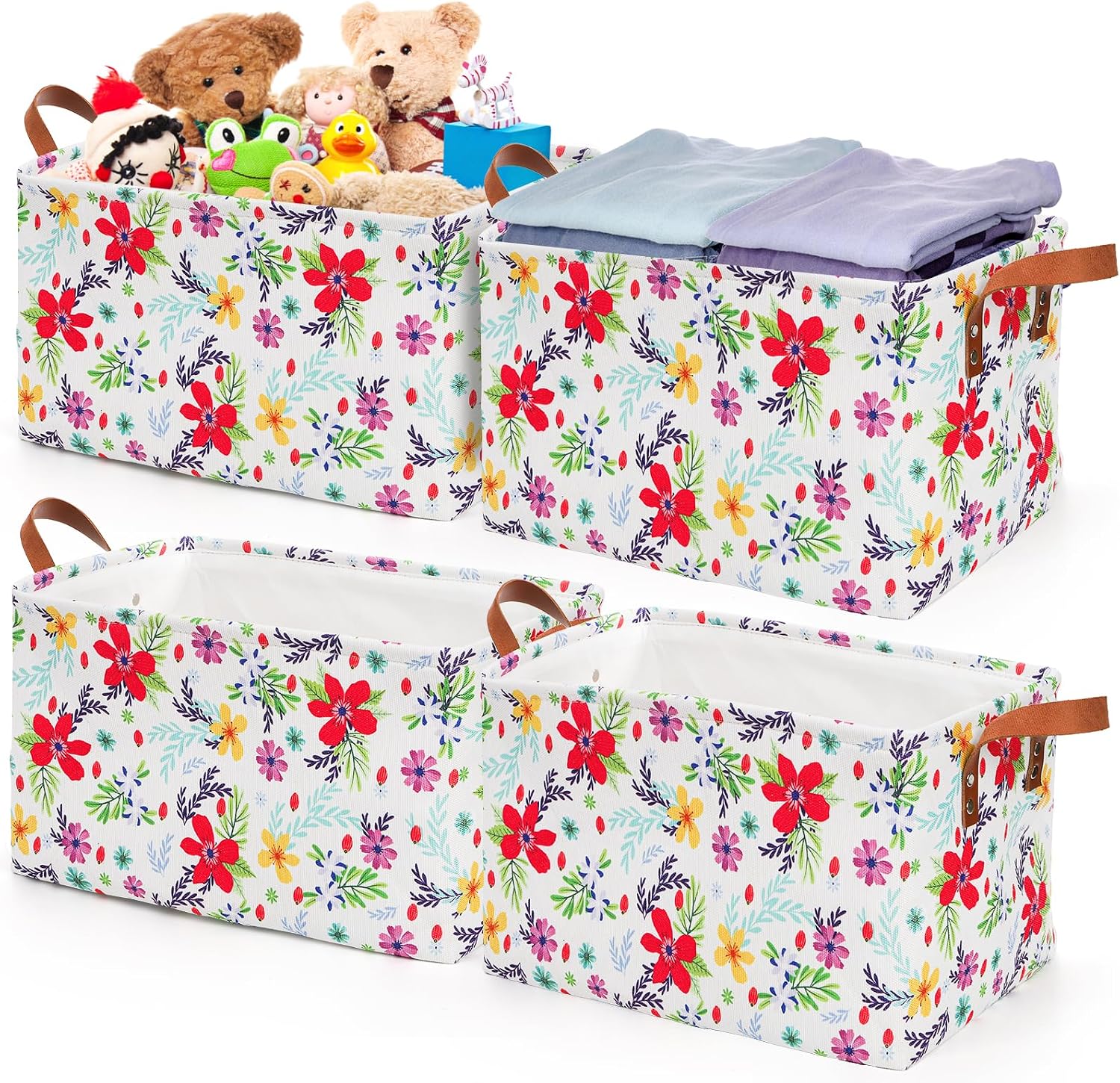 yarlung 4 Pack Floral Storage Bins with Handles, 15"x10.5"x8" Collapsible Large Storage Basket for Laundry, Decorative Fabric Lined Shelf Baskets for Organizing Clothes, Books - Image 9