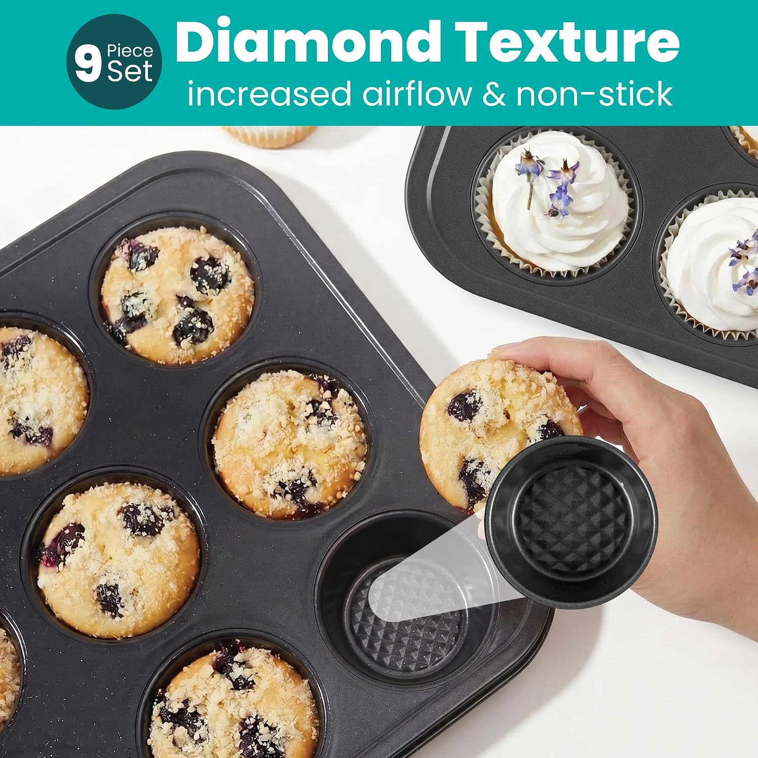 9-Piece Baking Pans Set Nonstick, Stackable Non Toxic Bakeware Sets with Diamond Texture, Oven Pan Set for Cooking, Includes Cookie Sheet with Rack, Cake Pan, Roasting Pan, Muffin Tin, Diamond Black - Image 6