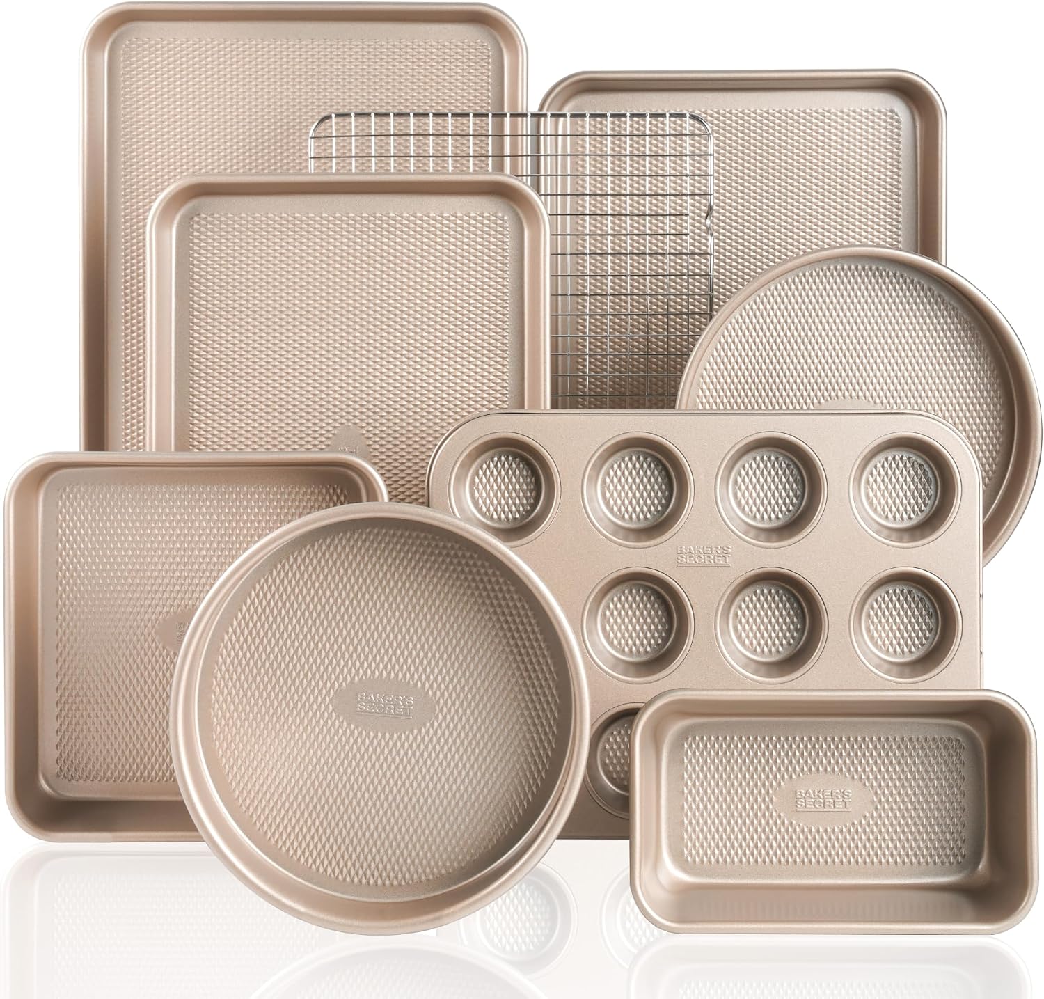9-Piece Baking Pans Set Nonstick, Stackable Non Toxic Bakeware Sets with Diamond Texture, Oven Pan Set for Cooking, Includes Cookie Sheet with Rack, Cake Pan, Roasting Pan, Muffin Tin, Diamond Gold