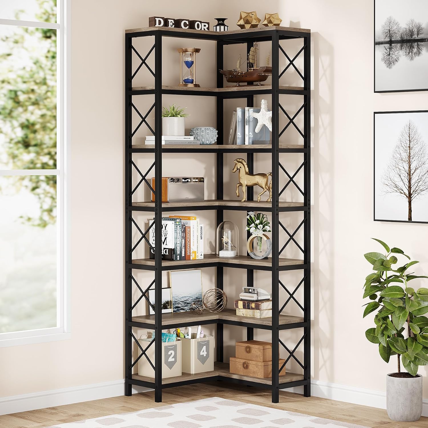Tribesigns 7-Shelf Corner Bookshelf,Large Modern Corner Bookcase, 7-Tier Tall Corner Shelf Storage Display Rack with Metal Frame for Living Room Home Office (Grey)