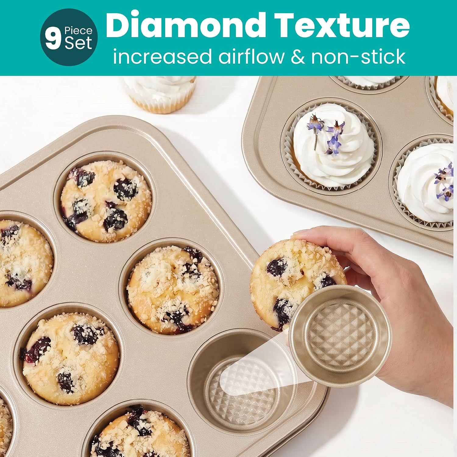9-Piece Baking Pans Set Nonstick, Stackable Non Toxic Bakeware Sets with Diamond Texture, Oven Pan Set for Cooking, Includes Cookie Sheet with Rack, Cake Pan, Roasting Pan, Muffin Tin, Diamond Gold - Image 6