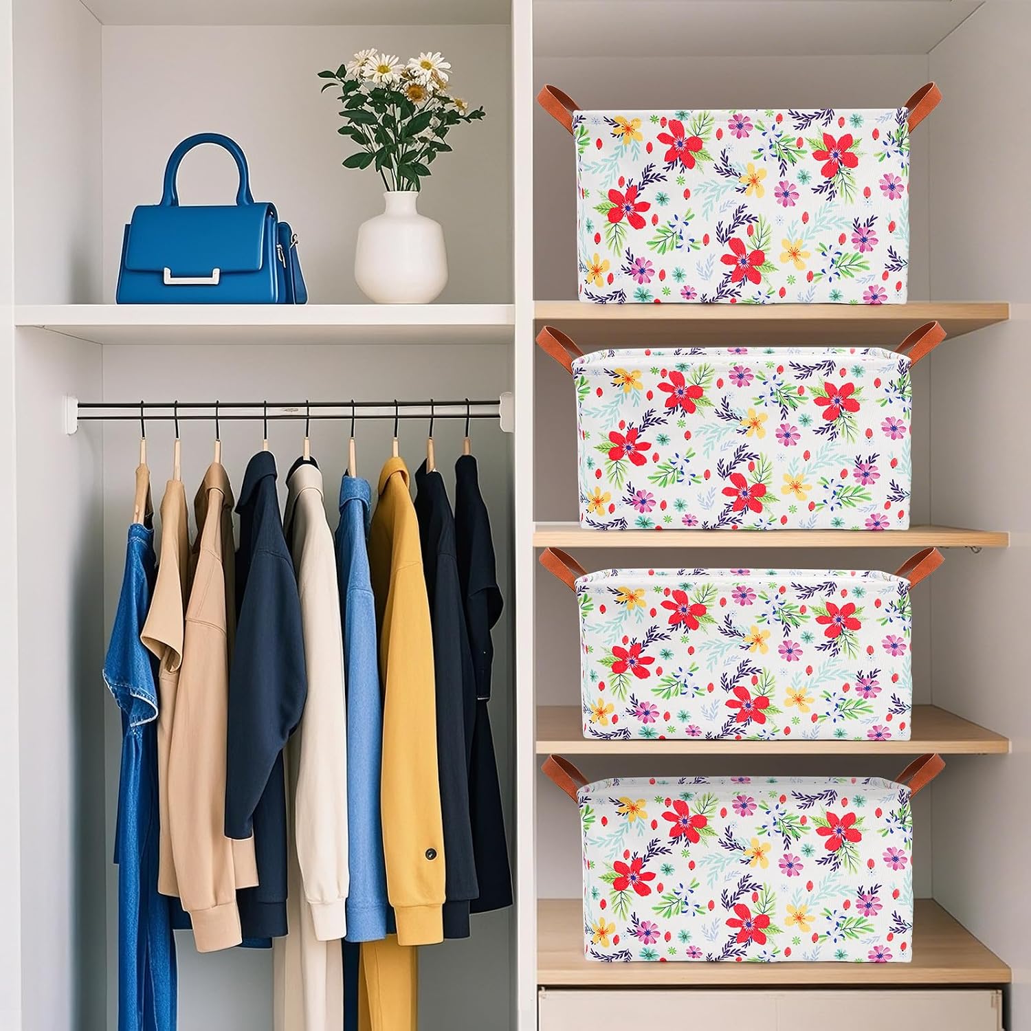 yarlung 4 Pack Floral Storage Bins with Handles, 15"x10.5"x8" Collapsible Large Storage Basket for Laundry, Decorative Fabric Lined Shelf Baskets for Organizing Clothes, Books - Image 7