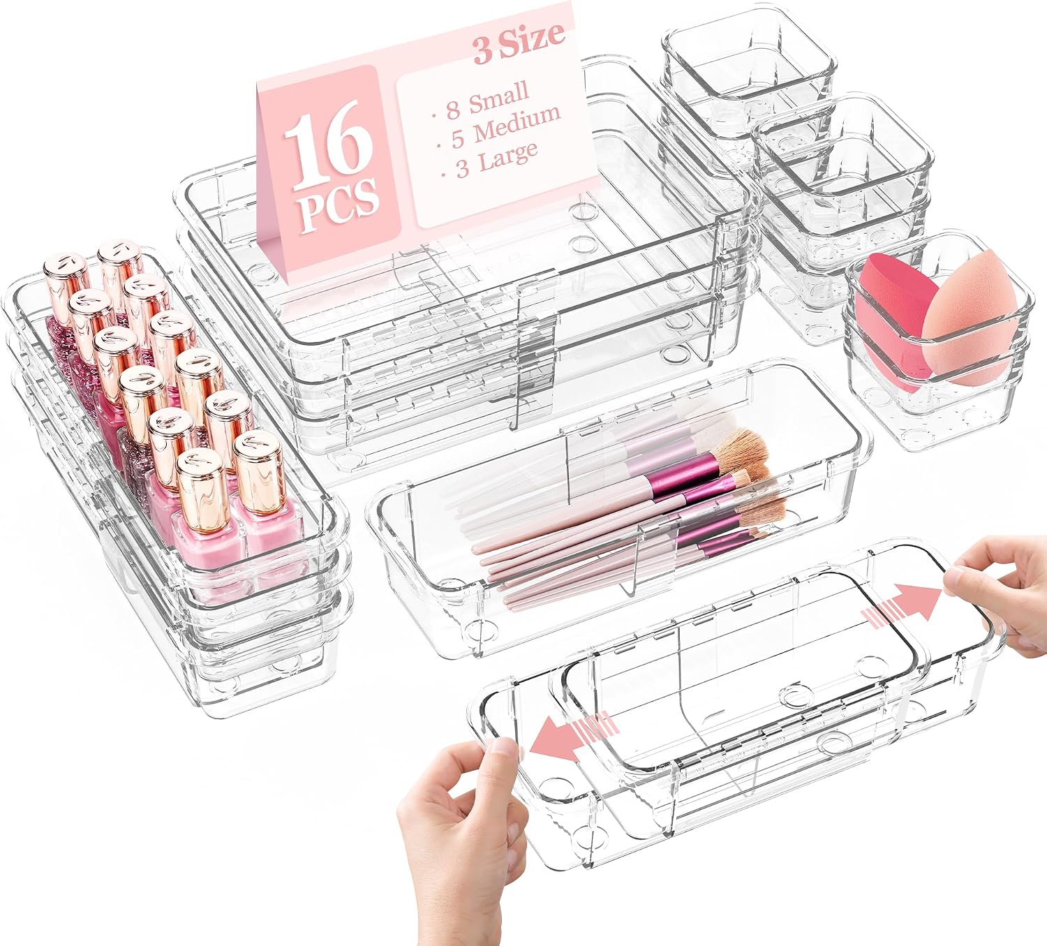 DILIBRA 16 Pcs Clear Extendable Drawer Organizer, Adjustable Drawer Storage